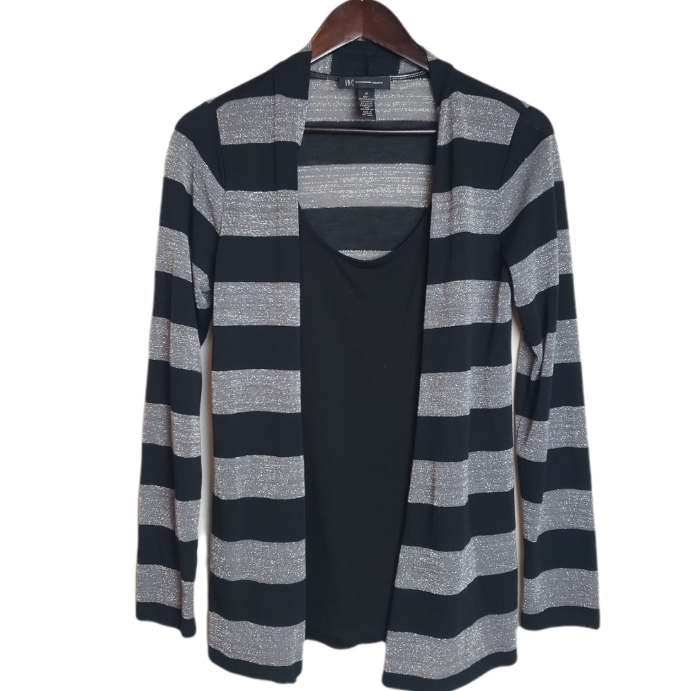 ✅ NWOT INC Black Stripe Sweater Cardigan 2 In 1 Women’s Size M
